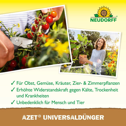 A person cuts a tomato stem with garden shears while another smiles holding a potted tomato plant. Text and graphics highlight the Azet Universal Liquid Fertilizer from Neudorff Shop for various plants.