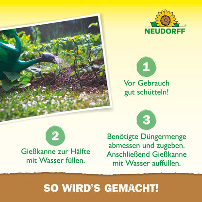 The Neudorff Shop Azet Universal Liquid Fertilizer can be mixed in a watering can by filling it halfway, adding the liquid fertilizer, topping it up with water, and following the German instructions for the ideal nutrient ratio. The Neudorff logo appears at the top right.
