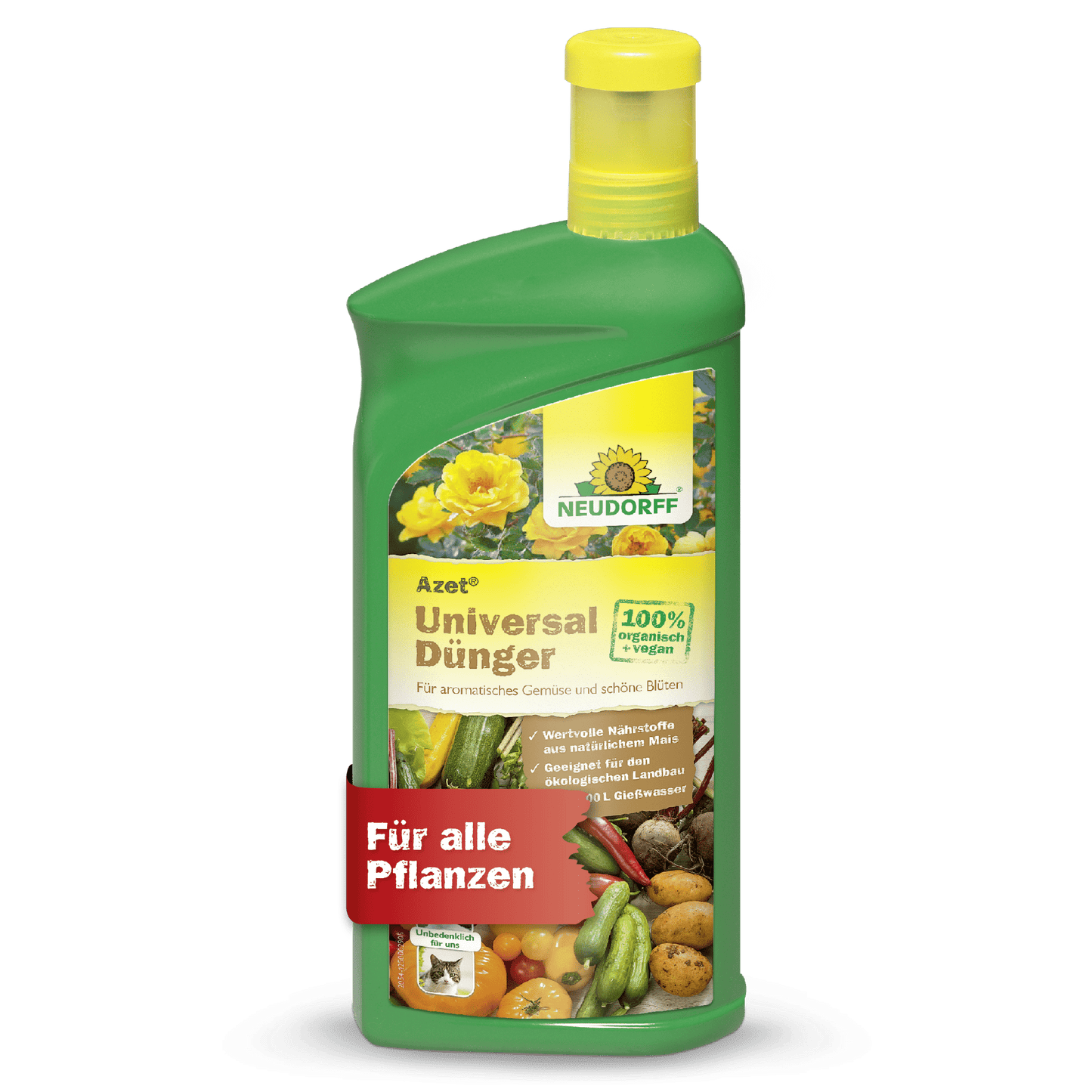 A green bottle of Neudorff Shop Azet Universal Liquid Fertilizer with a yellow cap, flower and vegetable motifs, and a red "For all plants" banner. Provides balanced nutrients for healthy plant growth.