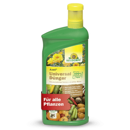 A green bottle of Neudorff Shop Azet Universal Liquid Fertilizer with a yellow cap, flower and vegetable motifs, and a red "For all plants" banner. Provides balanced nutrients for healthy plant growth.