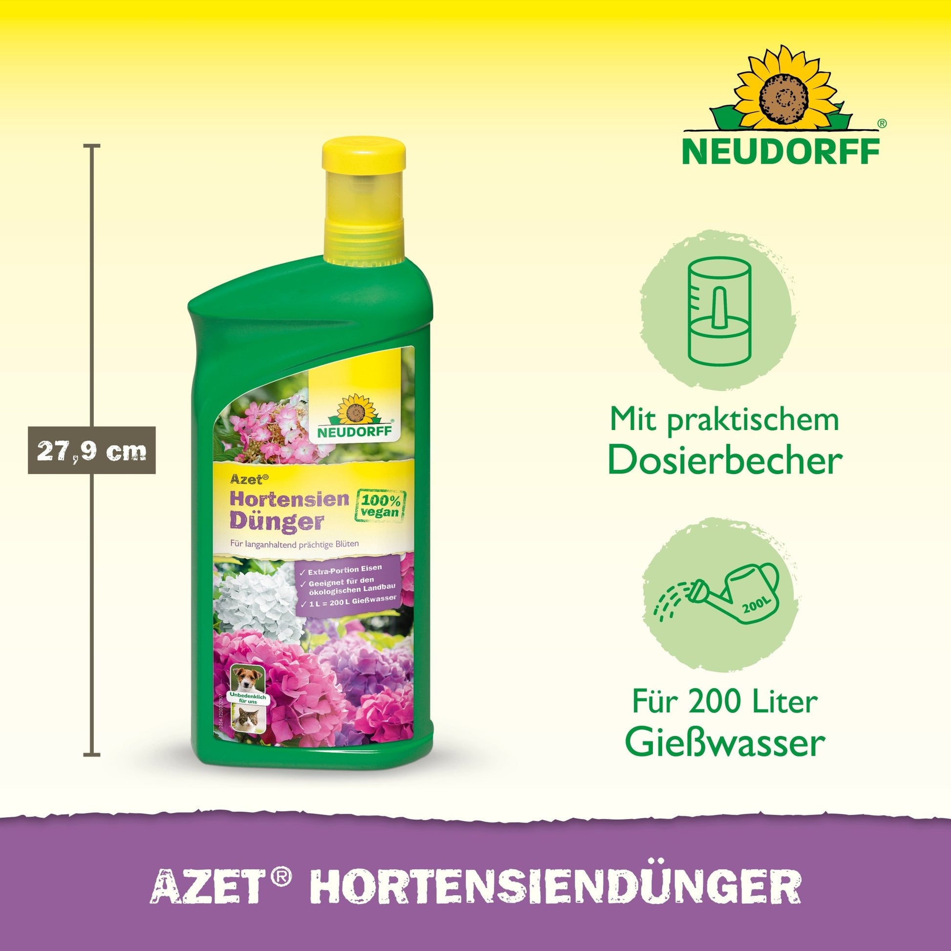 A 27.9 cm tall green bottle of Neudorff Shop Azet Hydrangea Fertilizer liquid with a yellow cap, practical measuring cup, and label with pink hydrangeas; enough to mix 200 liters of fertilizer solution.