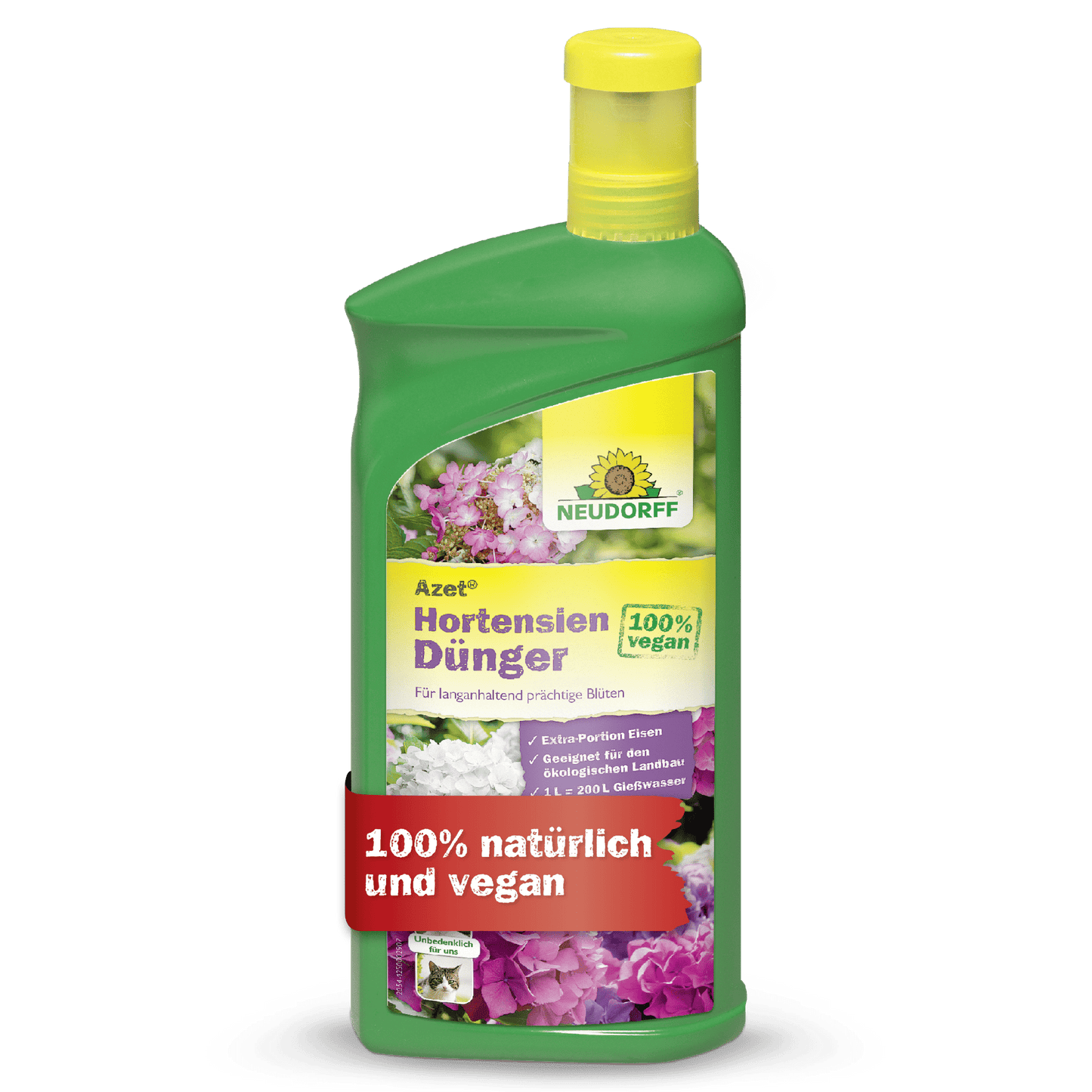 A green bottle of Neudorff Shop Azet Hydrangea Fertilizer liquid with a yellow cap. The label shows flowers and the German phrases "100% vegan" and "100% natural and vegan".