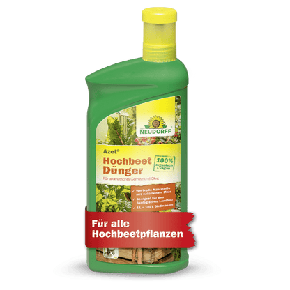 A green plastic bottle of Neudorff Shop Azet Raised Bed Fertilizer liquid with a yellow cap, labeled with 100% organic, nutrient-rich, ideal for raised bed plants and with vegetables on the front.