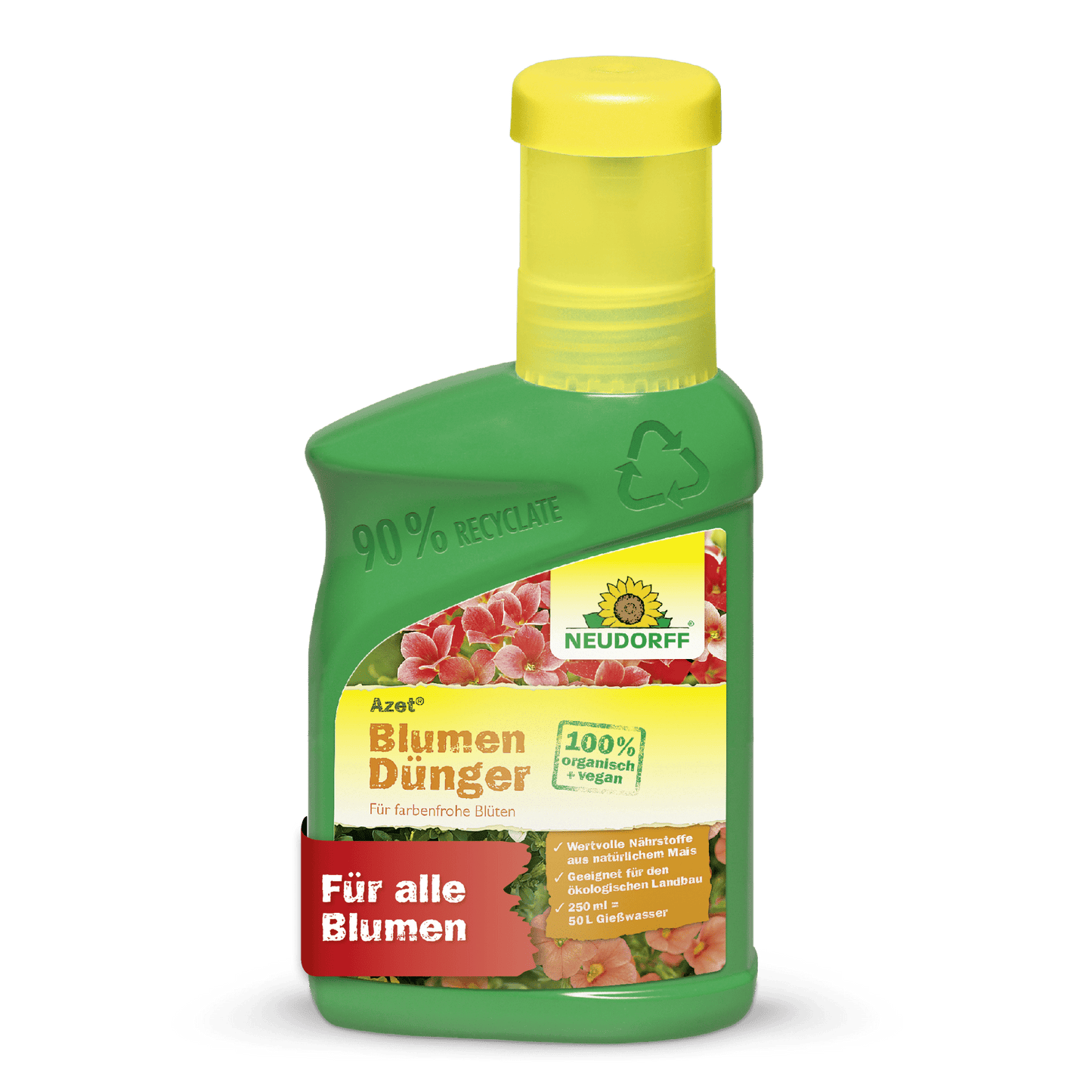 The green-yellow bottle of Azet Liquid Flower Fertilizer from Neudorff Shop is 100% vegan, promotes healthy plant growth, and features pink flowers and a red "For all flowers" banner.