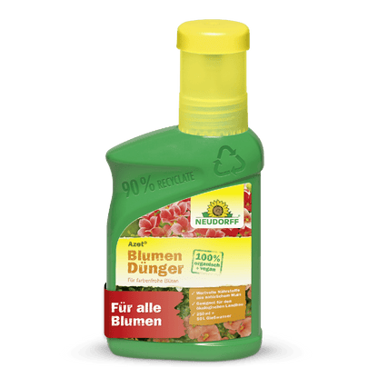 The green-yellow bottle of Azet Liquid Flower Fertilizer from Neudorff Shop is 100% vegan, promotes healthy plant growth, and features pink flowers and a red "For all flowers" banner.
