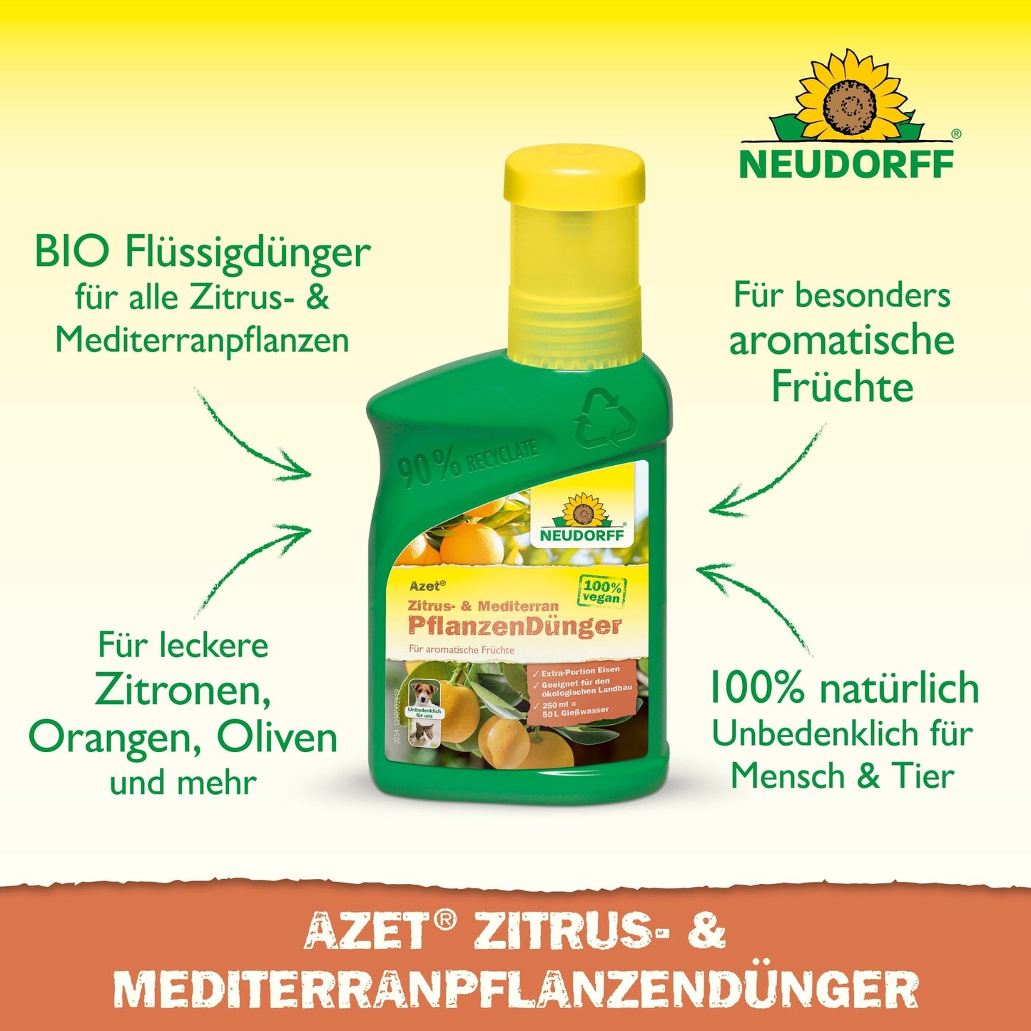 A green and yellow bottle from Neudorff Shop Azet Citrus & Mediterranean Plant Liquid Fertilizer with German text advertises its organic formula, ideal for Mediterranean plants like citrus and oleander.