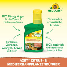 A green and yellow bottle from Neudorff Shop Azet Citrus & Mediterranean Plant Liquid Fertilizer with German text advertises its organic formula, ideal for Mediterranean plants like citrus and oleander.