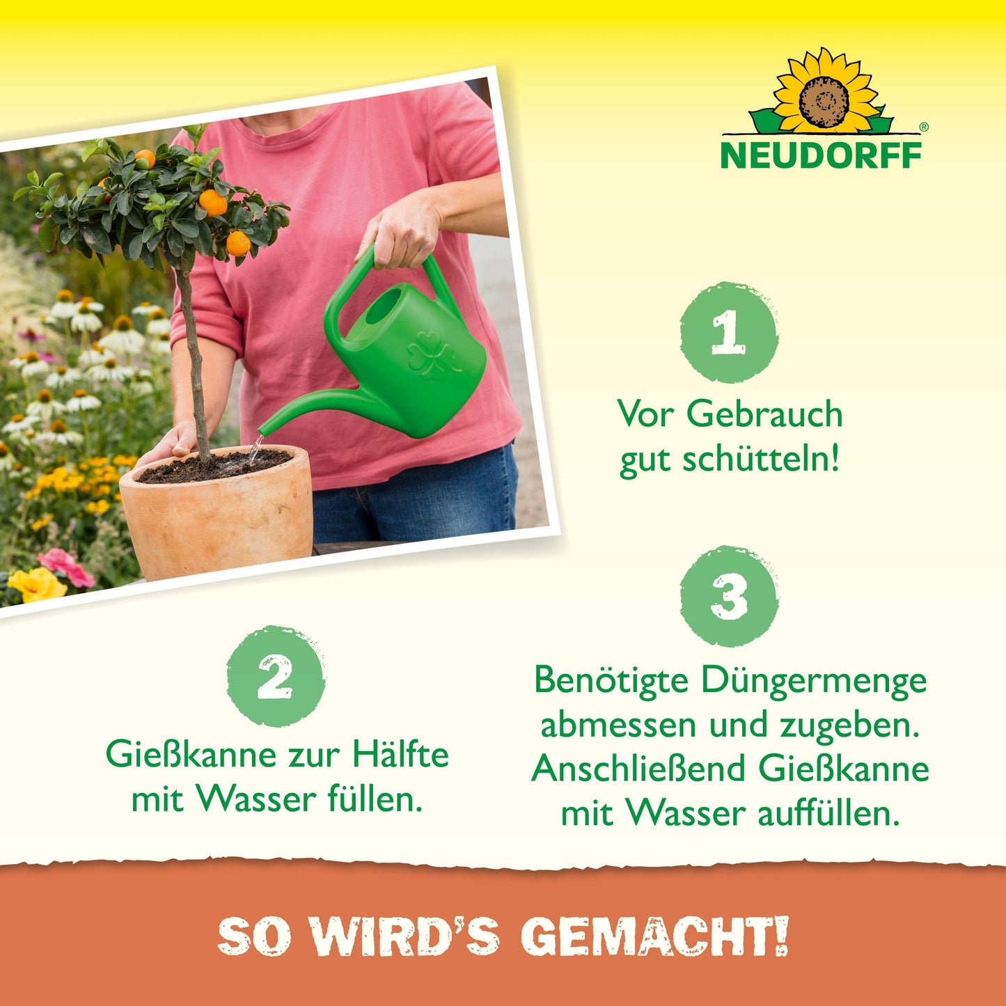 A person waters a potted orange tree with a green watering can. The German instructions show the application of Azet Citrus & Mediterranean Plant Liquid Fertilizer from Neudorff Shop in three steps, with the Neudorff logo at the top right.
