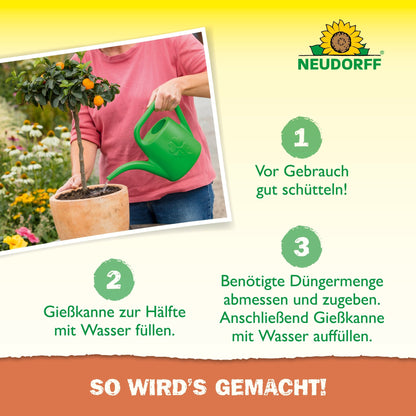 A person waters a potted orange tree with a green watering can. The German instructions show the application of Azet Citrus & Mediterranean Plant Liquid Fertilizer from Neudorff Shop in three steps, with the Neudorff logo at the top right.