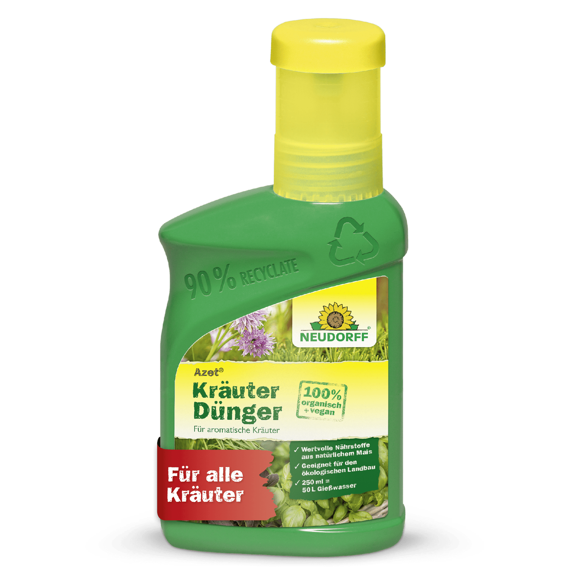 A green plastic bottle from Neudorff Shop Azet Herb Fertilizer liquid with a yellow cap, 100% organic, ideal for the health of all herbs, with herb images and recycling information on the packaging.