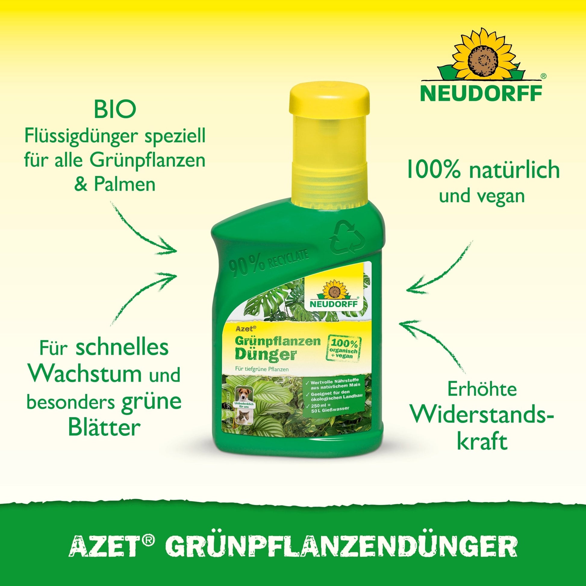 A green bottle of Neudorff Shop Azet Green Plant Fertilizer liquid with a yellow cap, featuring German text about the organic nutrients for indoor plants that promote rapid growth, vibrant green leaves, and stronger resistance.