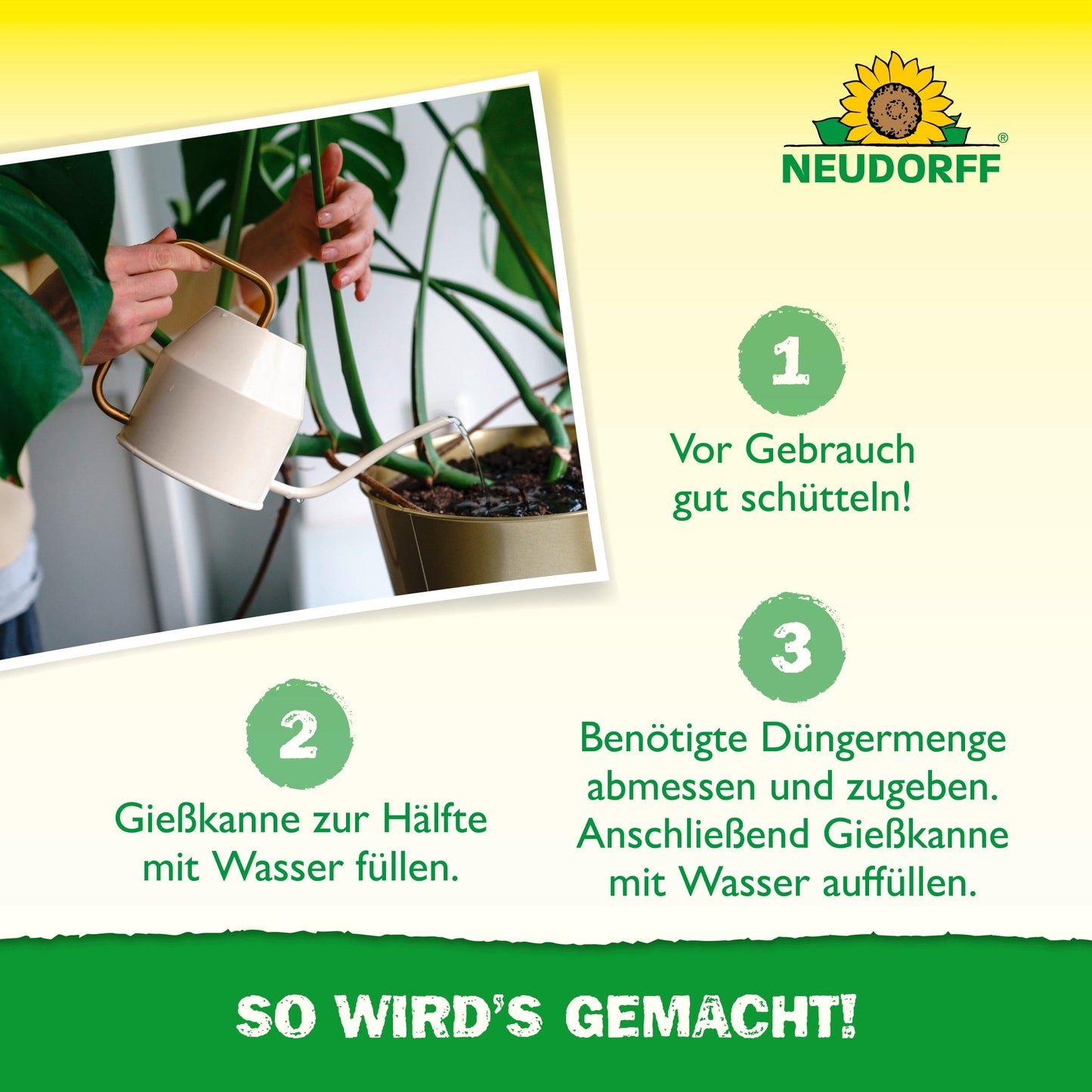 A person uses the Azet Green Plant Fertilizer from Neudorff Shop liquid and pours it from a cream-colored watering can onto a potted plant. The Neudorff logo, care tips, and preparation steps for plant substrate and nutrients are displayed with green and yellow design accents.