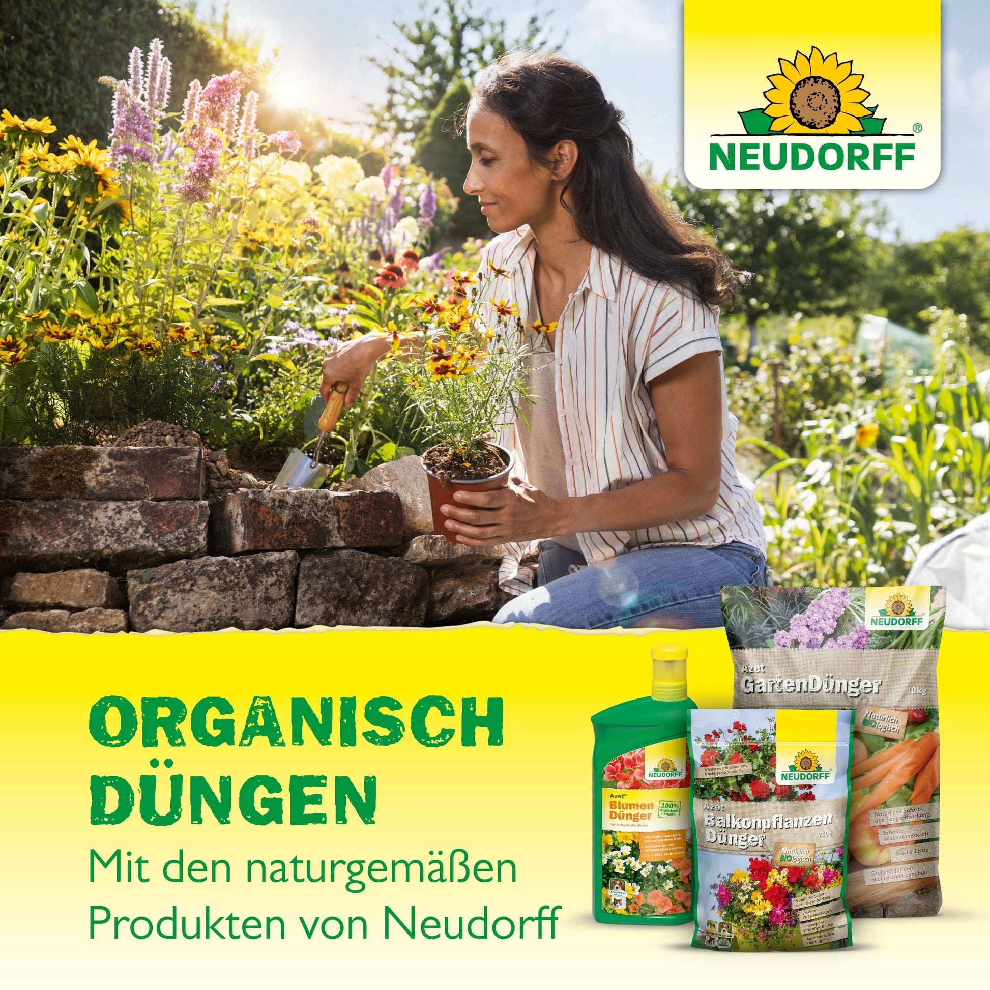 A woman gardens in a stone bed, arranging flowers and green plants. In front, Azet Green Plant Fertilizer liquid and other biological, nutrient-rich products from the Neudorff Shop are displayed. The German text highlights natural solutions for the garden.