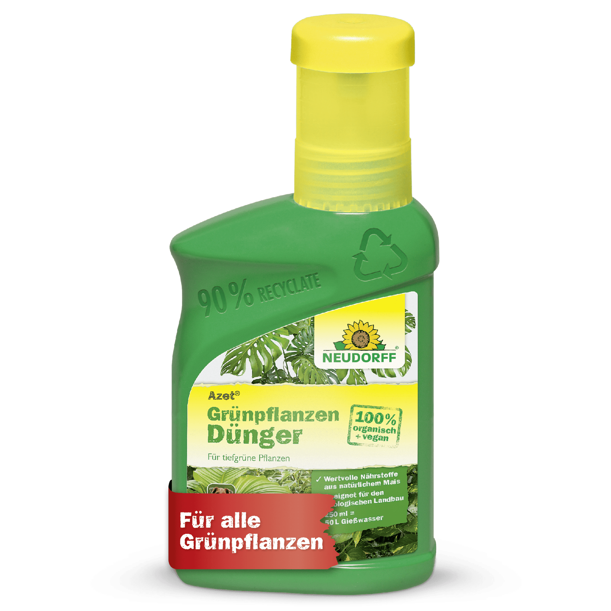 A green plastic bottle from Neudorff Shop Azet Green Plant Fertilizer liquid with a yellow cap, labeled as 100% organic vegan fertilizer for green plants, provides essential nutrients and has a recycling symbol with German text.