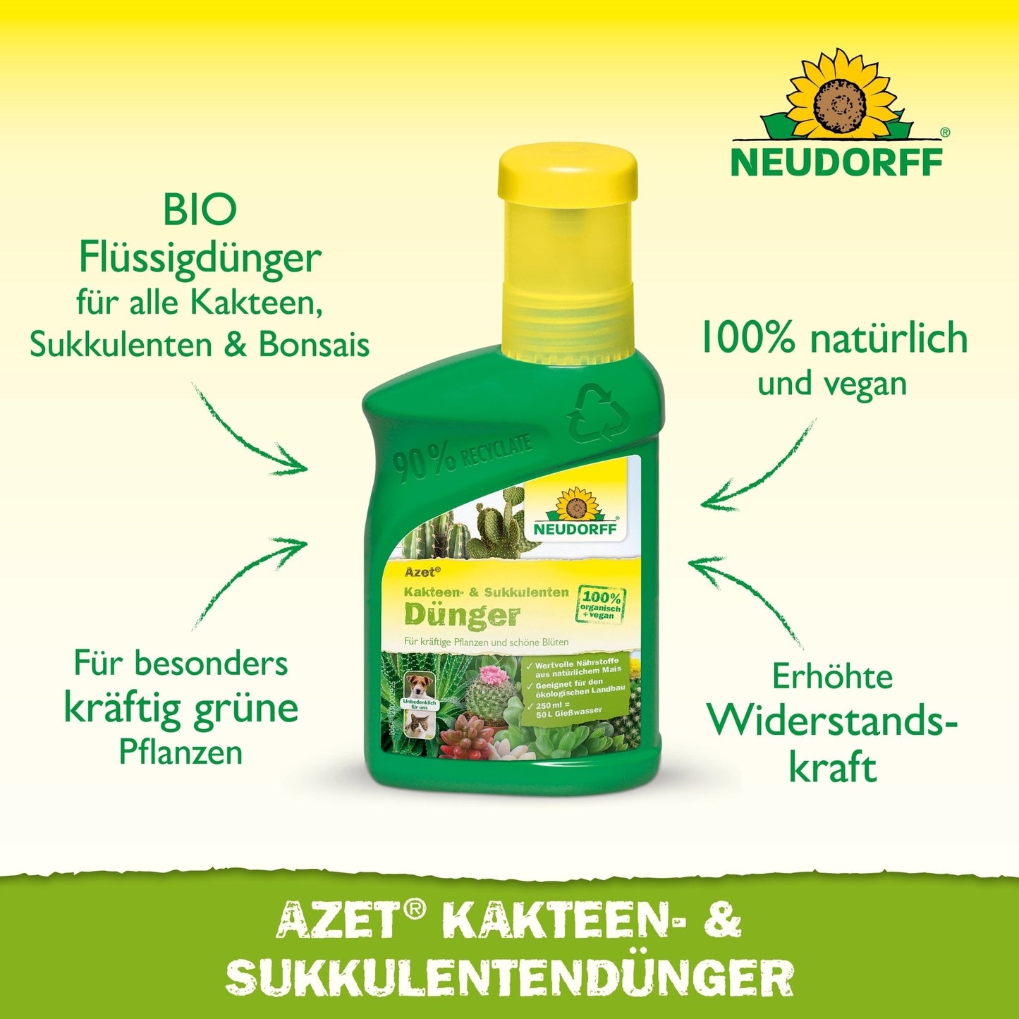 A green bottle of Neudorff Shop Azet Cactus & Succulent Fertilizer liquid with a yellow cap, labeled as organic, natural, and vegan, along with text promoting the benefits of plant health.