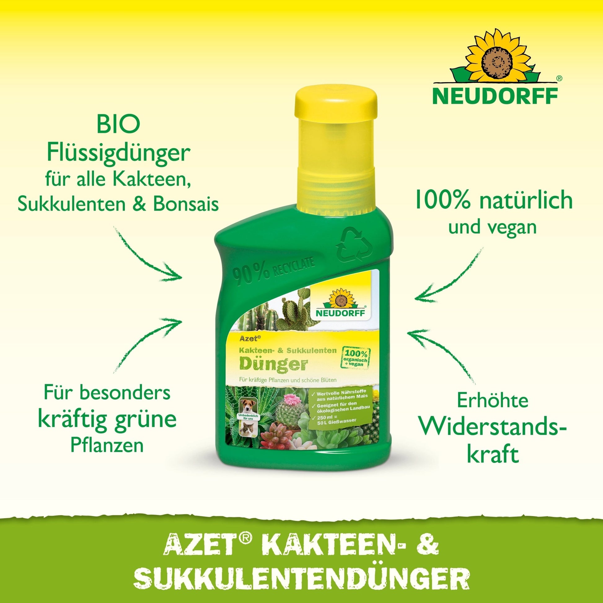 A green bottle of Neudorff Shop Azet Cactus & Succulent Fertilizer liquid with a yellow cap, labeled as organic, natural, and vegan, along with text promoting the benefits of plant health.