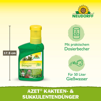 The Azet Cactus & Succulent Fertilizer liquid from the Neudorff Shop comes in a green bottle with a yellow label - an ideal liquid fertilizer for the care of your succulents and cacti.