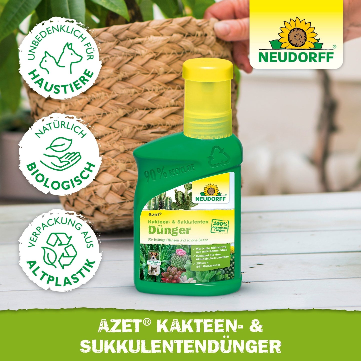 A green plastic bottle of Neudorff Shop Azet Cactus & Succulent Fertilizer liquid stands on a wooden table in front of a potted cactus. Three symbols indicate that it is pet-friendly, organic, and made from recycled plastic.