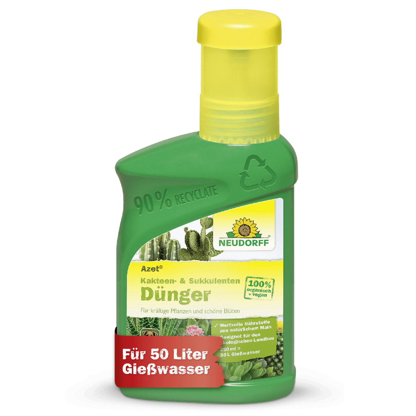 A green plastic bottle of Neudorff Shop Azet Cactus & Succulent Fertilizer liquid shows cactus images, German product information, and a red banner with "For 50 liters of watering water" on the label.