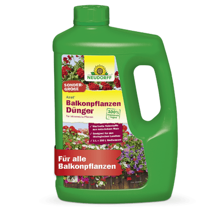 A green plastic bottle of Azet Liquid Balcony Plant Fertilizer from Neudorff Shop for balcony plants and summer flowers, with a green cap, carrying handle, and a colorful label with flowers and product information.