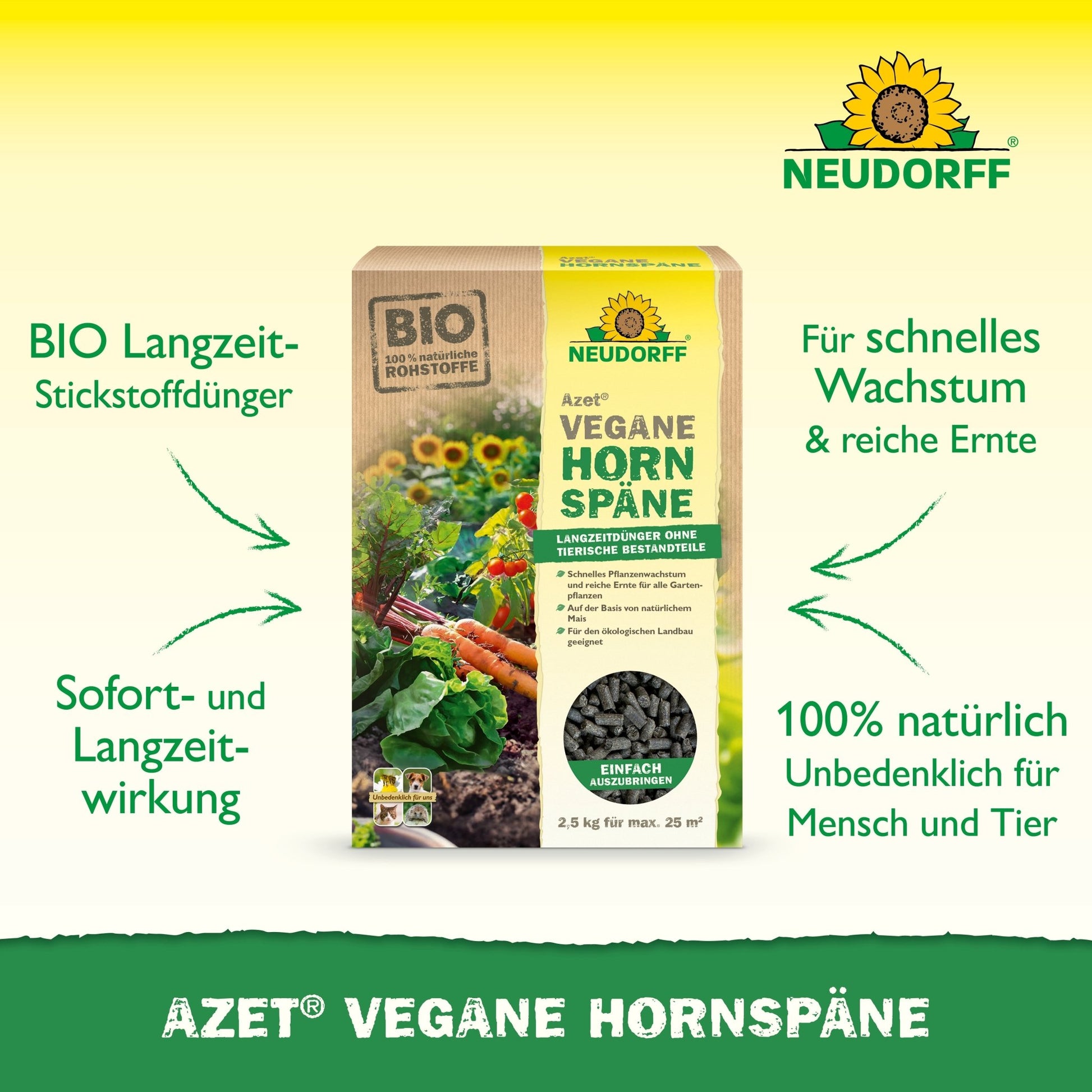 Azet Vegan Horn Shavings from Neudorff Shop is depicted on a green background, with text promoting the organic, vegan, long-lasting, and 100% natural properties for safe plant growth.