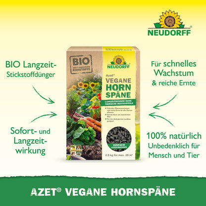 Azet Vegan Horn Shavings from Neudorff Shop is depicted on a green background, with text promoting the organic, vegan, long-lasting, and 100% natural properties for safe plant growth.