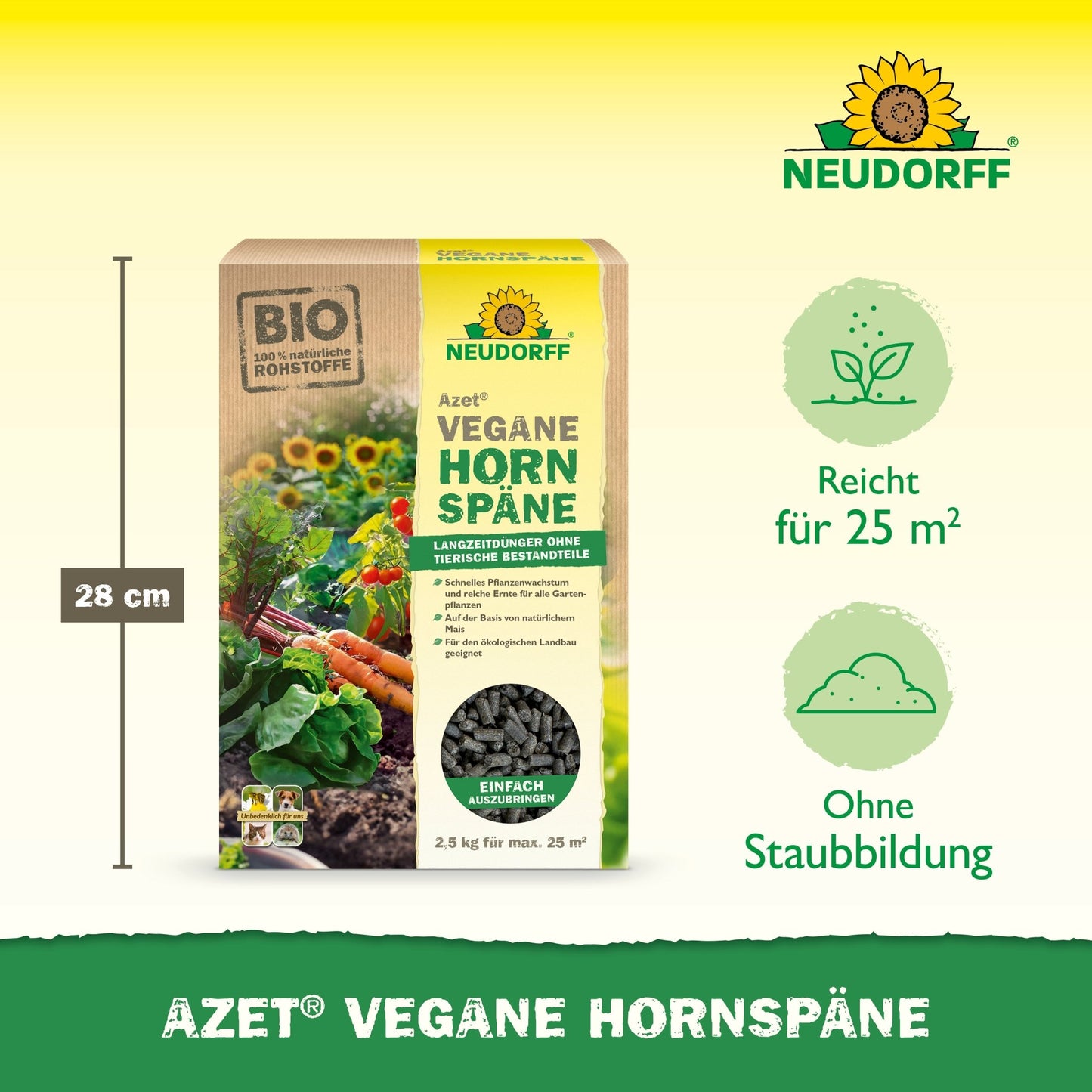 A 2.5 kg bag of Azet Vegan Horn Shavings from Neudorff Shop is presented, with icons for 25 m² coverage, dust-free application, and 28 cm height - perfect for sustainable plant growth and a rich harvest.
