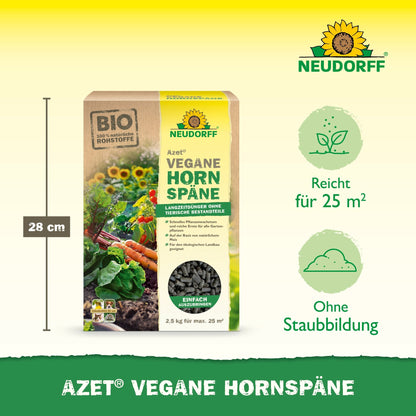 A 2.5 kg bag of Azet Vegan Horn Shavings from Neudorff Shop is presented, with icons for 25 m² coverage, dust-free application, and 28 cm height - perfect for sustainable plant growth and a rich harvest.
