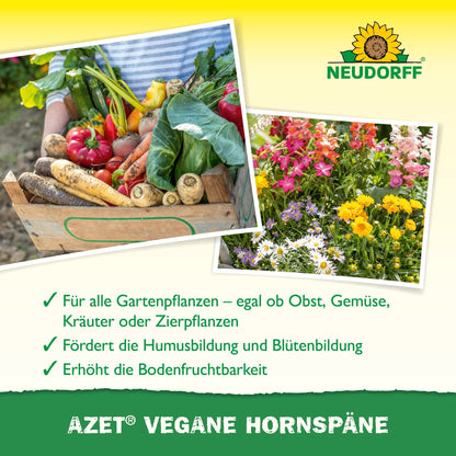 A wooden box with vegetables stands next to a colorful flower bed. The text highlights how Azet Vegan Horn Shavings from Neudorff Shop, an organic fertilizer, supports healthy plant growth and high yields.