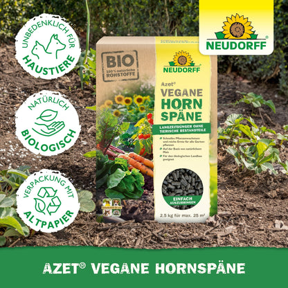 A box of Azet Vegan Horn Shavings from Neudorff Shop is shown in a vegetable garden. The symbols indicate that they are animal-friendly, natural, organic, and packaged in recycled paper, promoting healthy plant growth.