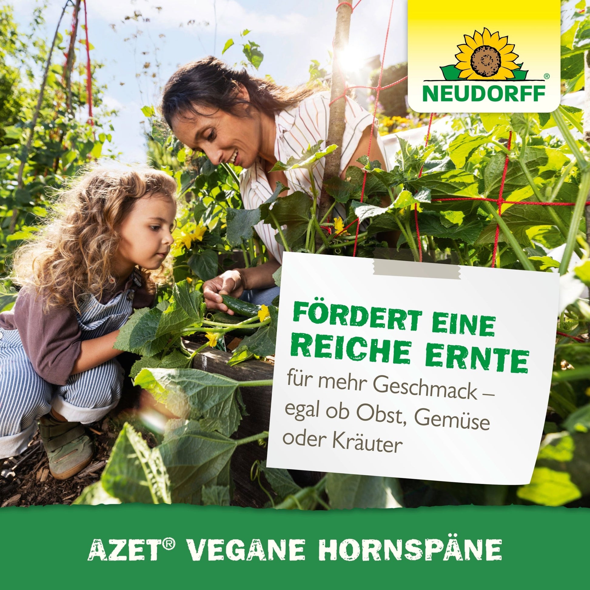 An adult and a child are gardening among green plants. A sign with German text promotes Azet Vegan Horn Shavings from Neudorff Shop for rich harvests of fruits, vegetables, or herbs. The Neudorff logo is in the upper right corner.