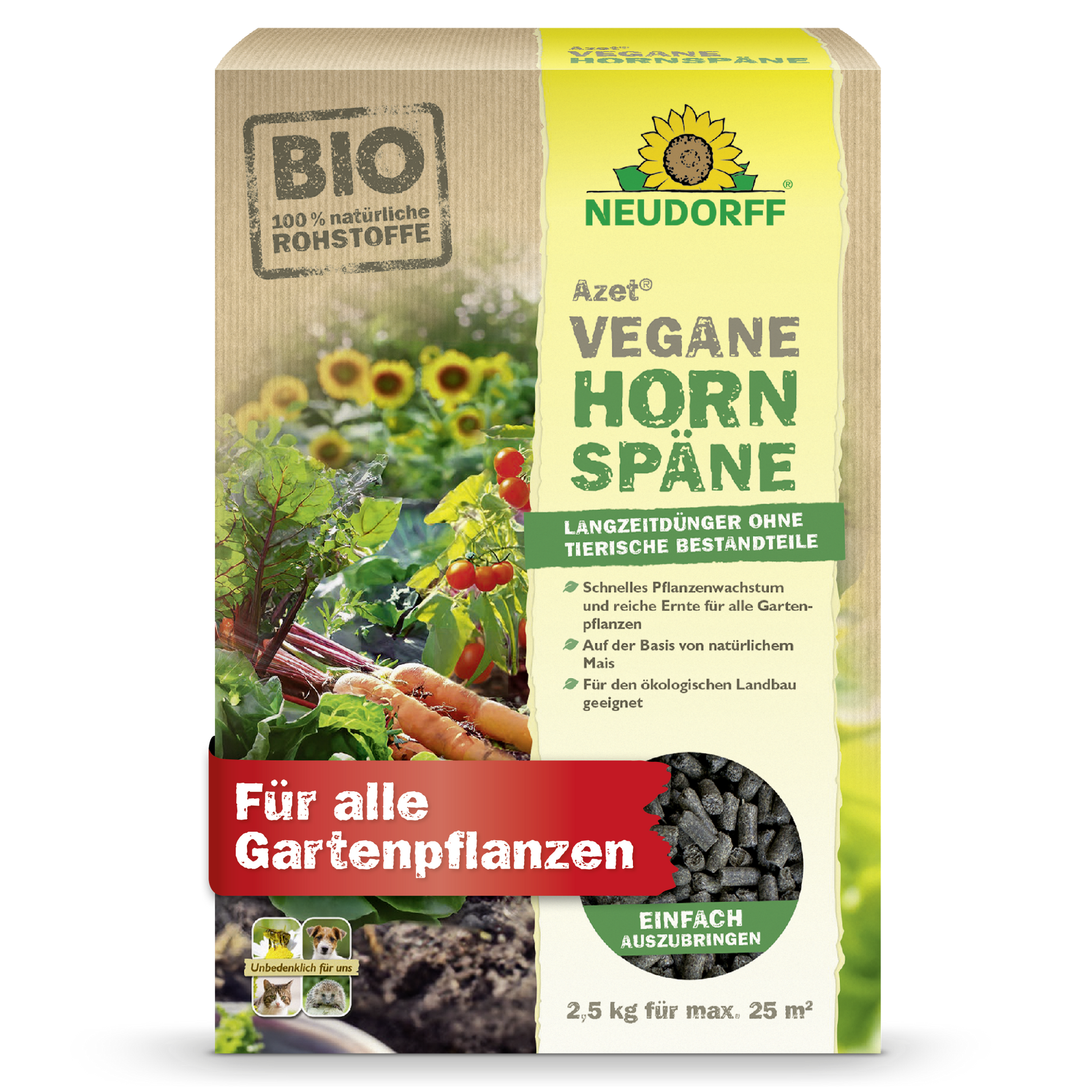 A 2.5 kg package of Azet Vegan Horn Shavings from Neudorff Shop shows vegetables and pellets on the packaging and emphasizes as a vegan, organic fertilizer rich harvests and healthy growth for garden plants.