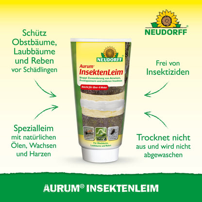 A tube of Aurum Insect Glue from Neudorff Shop stands upright and carries German text for protecting fruit trees from ants and winter moth females. The Neudorff logo can be seen at the top on the green-yellow background.