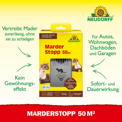 Depicted is a box with the inscription "MarderStopp 50m²" from Neudorff Shop, which indicates effective protection against martens. The packaging shows two marten images and provides information about reliable application and the benefits for marten deterrence.