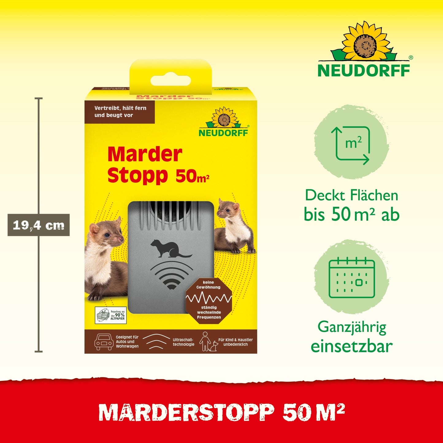 The yellow MarderStopp 50m² box from Neudorff Shop shows martens, symbols for the range (up to 50m²), a device image, and text highlighting the ultrasonic technology.