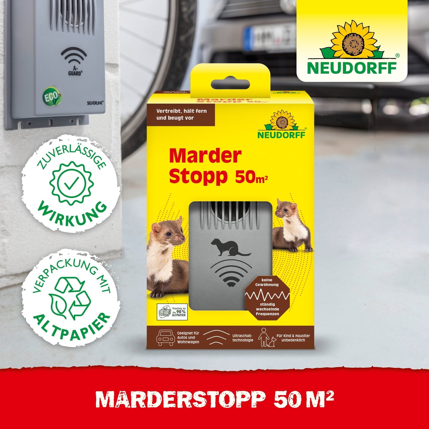 Shown is a Neudorff Shop MarderStopp 50m² packaging, equipped with an electronic device with ultrasonic technology for marten deterrence, as well as pictograms for reliable effectiveness and packaging made from recycled paper.