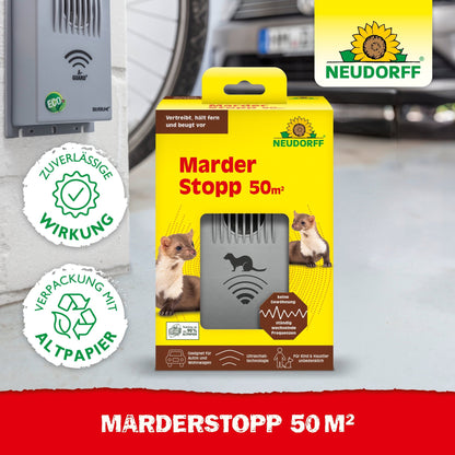 Shown is a Neudorff Shop MarderStopp 50m² packaging, equipped with an electronic device with ultrasonic technology for marten deterrence, as well as pictograms for reliable effectiveness and packaging made from recycled paper.