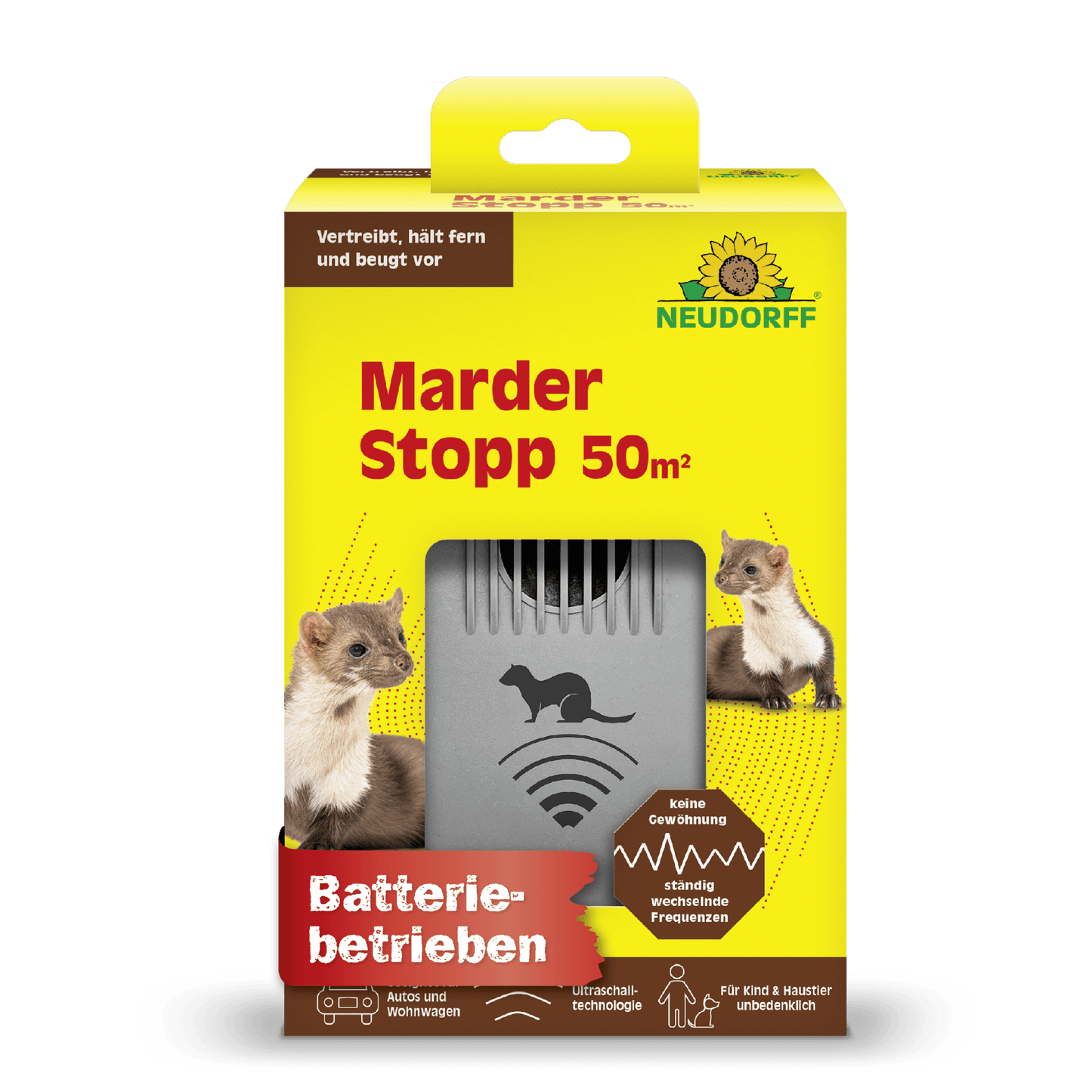 A yellow-green Neudorff Shop MarderStopp 50m² box shows martens, German product text, and a gray battery device in a front window. Icons highlight features like ultrasonic technology for effective cable protection.