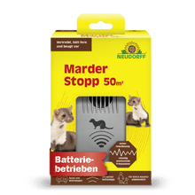 A yellow-green Neudorff Shop MarderStopp 50m² box shows martens, German product text, and a gray battery device in a front window. Icons highlight features like ultrasonic technology for effective cable protection.