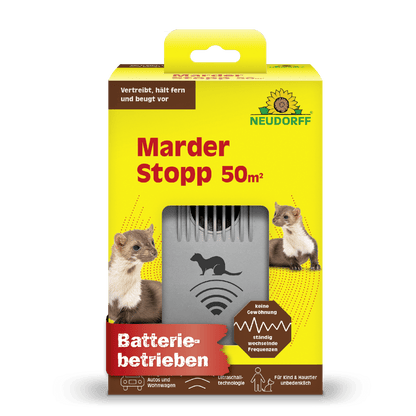 A yellow-green Neudorff Shop MarderStopp 50m² box shows martens, German product text, and a gray battery device in a front window. Icons highlight features like ultrasonic technology for effective cable protection.