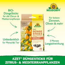 Shown is a package of Neudorff Shop Azet fertilizer sticks for citrus & Mediterranean plants. The organic formula is safe for humans and pets, nourishes citrus plants for 3 months, and is perfect for balconies or terraces with lemons or olives.