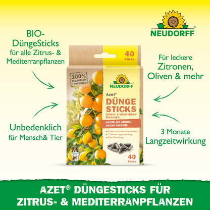 Shown is a package of Neudorff Shop Azet fertilizer sticks for citrus & Mediterranean plants. The organic formula is safe for humans and pets, nourishes citrus plants for 3 months, and is perfect for balconies or terraces with lemons or olives.