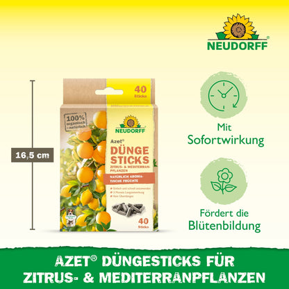 A box of Neudorff Shop Azet fertilizer sticks for citrus & Mediterranean plants, 16.5 cm, with lemons and icons highlighting quick action and flower promotion. Text in German.