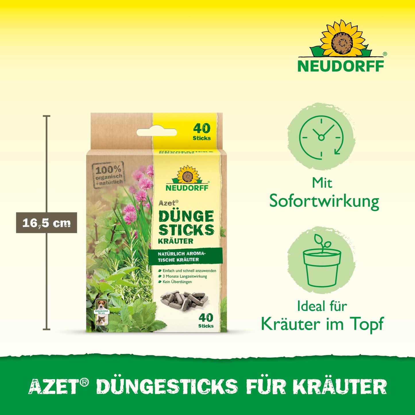 The Neudorff Shop Azet Fertilizer Sticks for herbs come in a 40-stick box (height: 16.5 cm) with pictures of fresh herbs, ideal for potted herbs in potting soil and ensure quick action.
