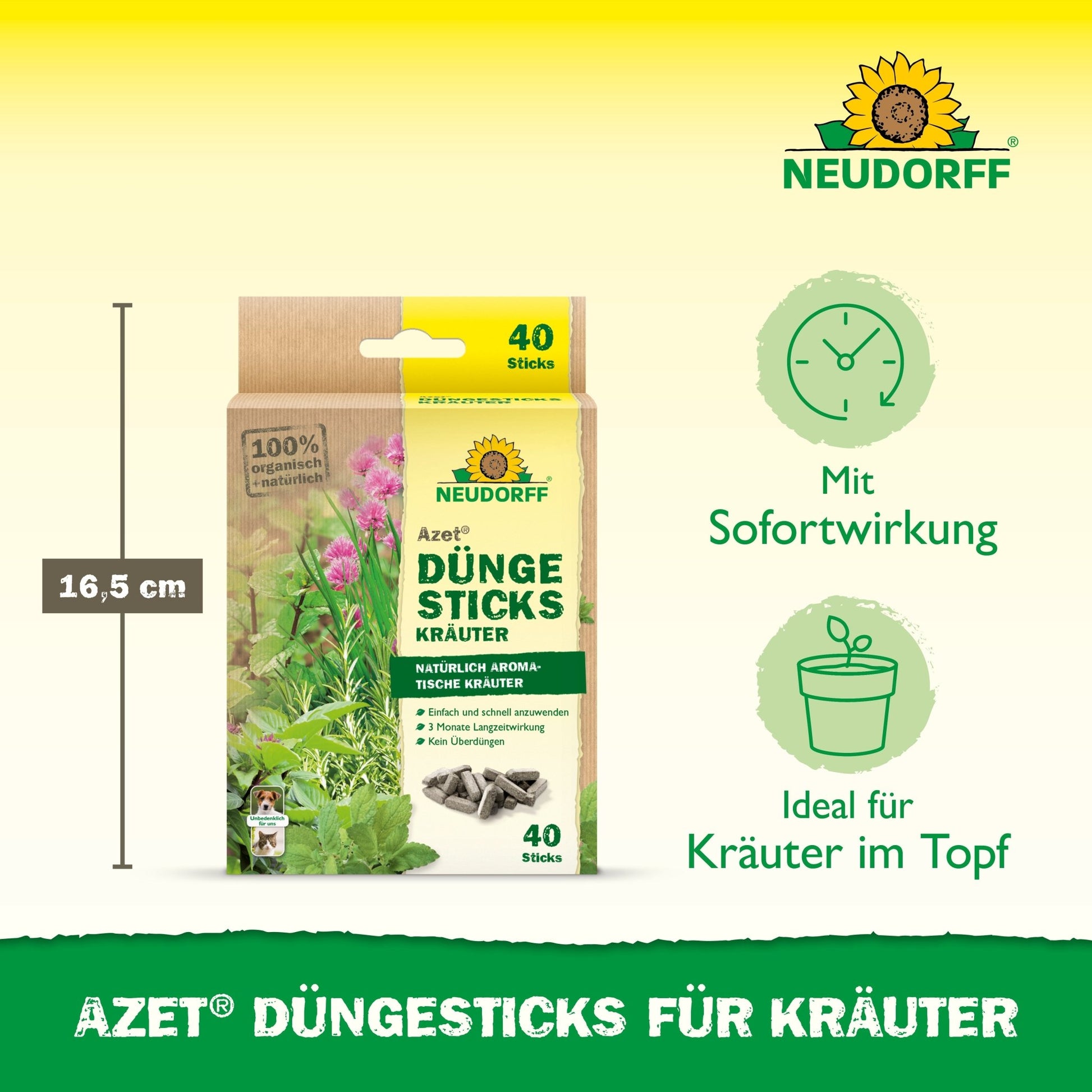 The Neudorff Shop Azet Fertilizer Sticks for herbs come in a 40-stick box (height: 16.5 cm) with pictures of fresh herbs, ideal for potted herbs in potting soil and ensure quick action.