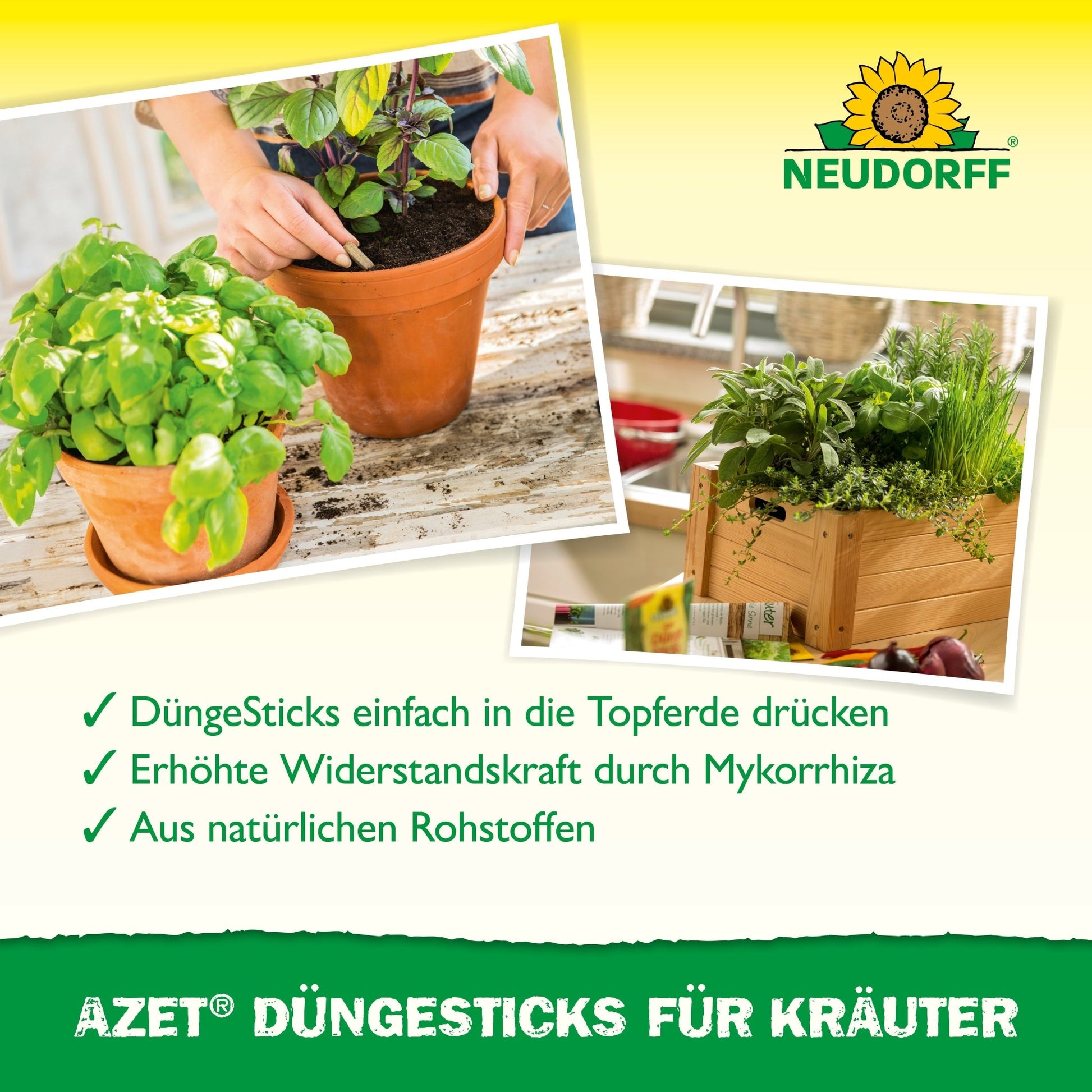 Close-up of hands planting herbs in potting soil with Azet Fertilizer Sticks for herbs; the second image shows healthy herbs in a wooden planter. Checkmarks highlight the benefits. The Neudorff Shop logo is located at the top right.