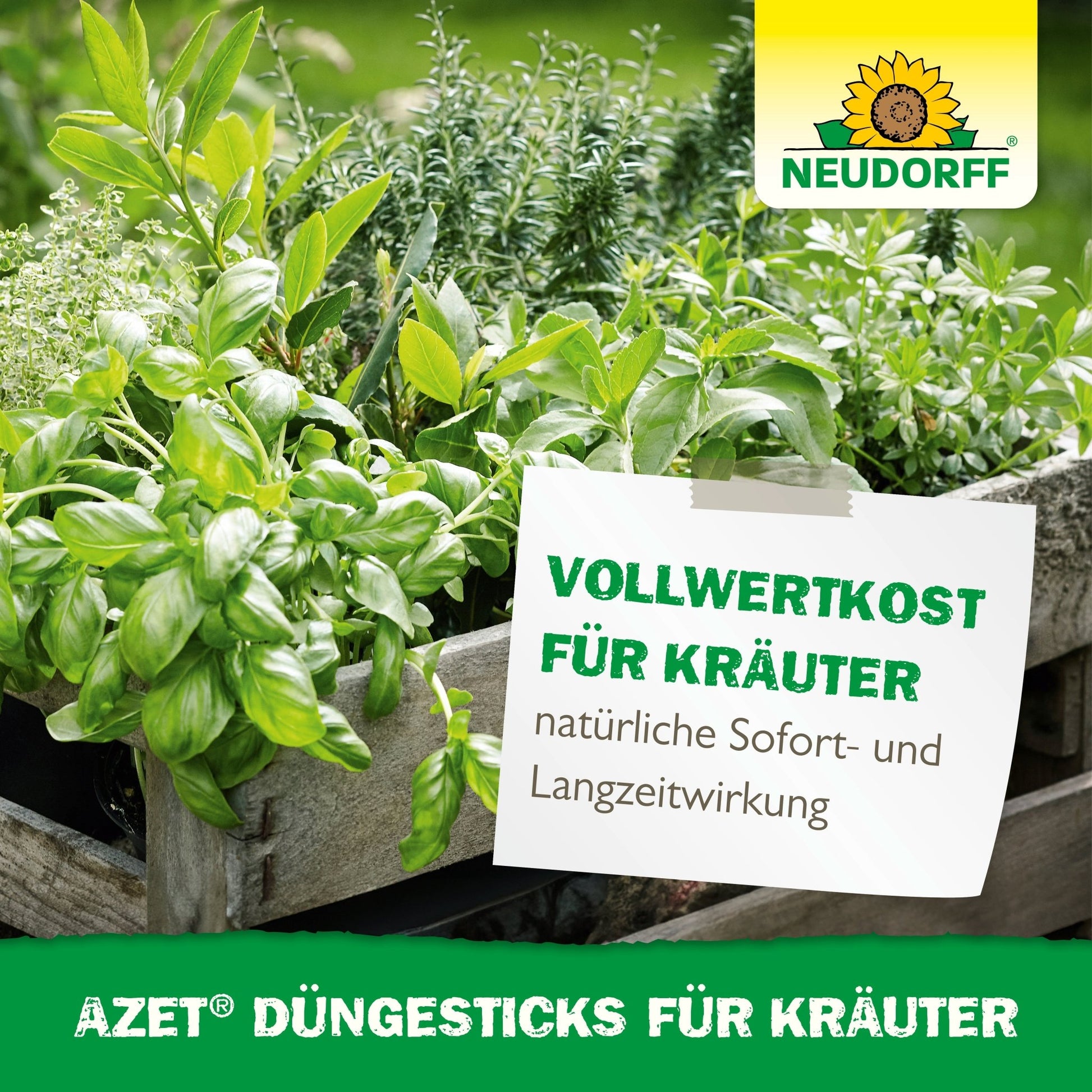 Depicted is a wooden box filled with green herbs with a sign: "Whole food for herbs, natural immediate and long-term effect." The Neudorff Shop logo appears, and below is information about Azet Fertilizer Sticks for herbs for potting soil.