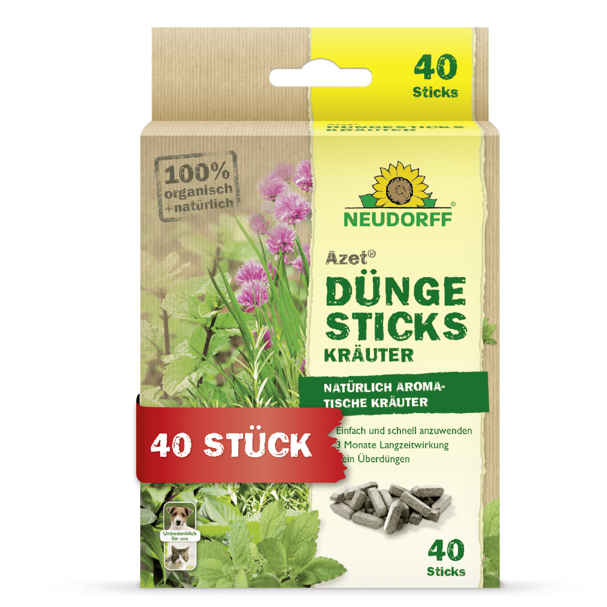 A box of Neudorff Shop Azet Fertilizer Sticks for herbs contains 40 fertilizer sticks for aromatic herbs. The green-beige packaging with German text nourishes herbs grown in potting soil.