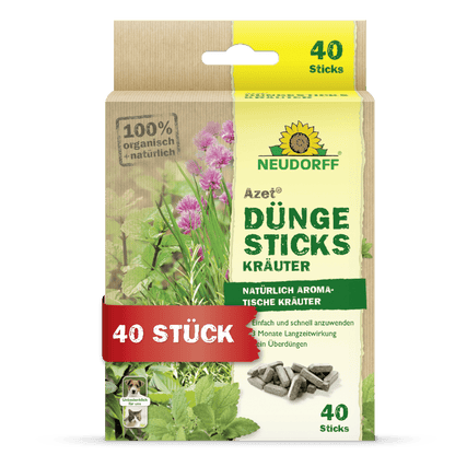 A box of Neudorff Shop Azet Fertilizer Sticks for herbs contains 40 fertilizer sticks for aromatic herbs. The green-beige packaging with German text nourishes herbs grown in potting soil.