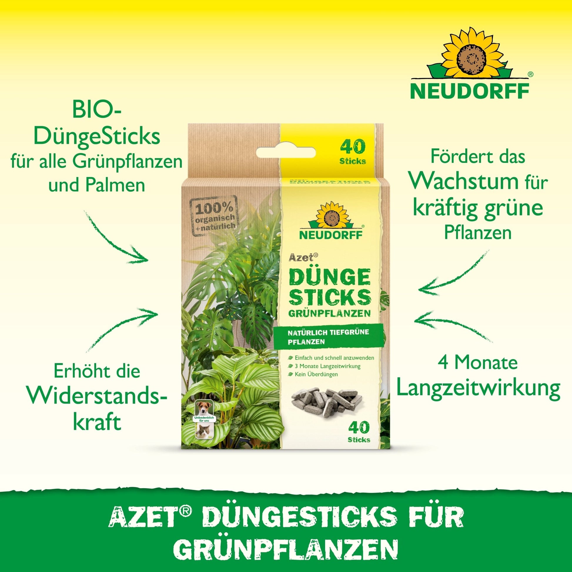 The packaging of the Neudorff Shop Azet fertilizer sticks for green plants features nutrient depot, organic ingredients, long-lasting effect, and benefits such as supporting healthy growth - all in German text.